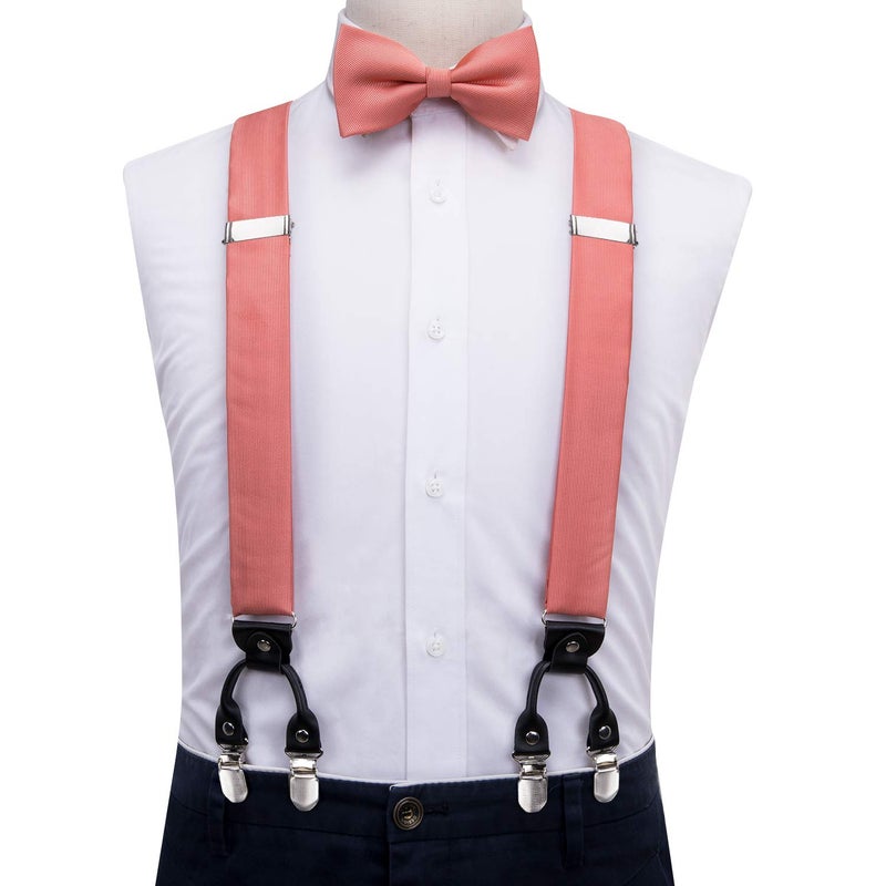 Dubulle Mens Coral Suspenders and Pre tied Bow Tie with 6 Clips Pocket Square Y Shape Adjustable Braces - Image 2